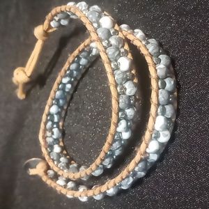 Wrap bracelet 14 inches long .Washed denim color seed beads.